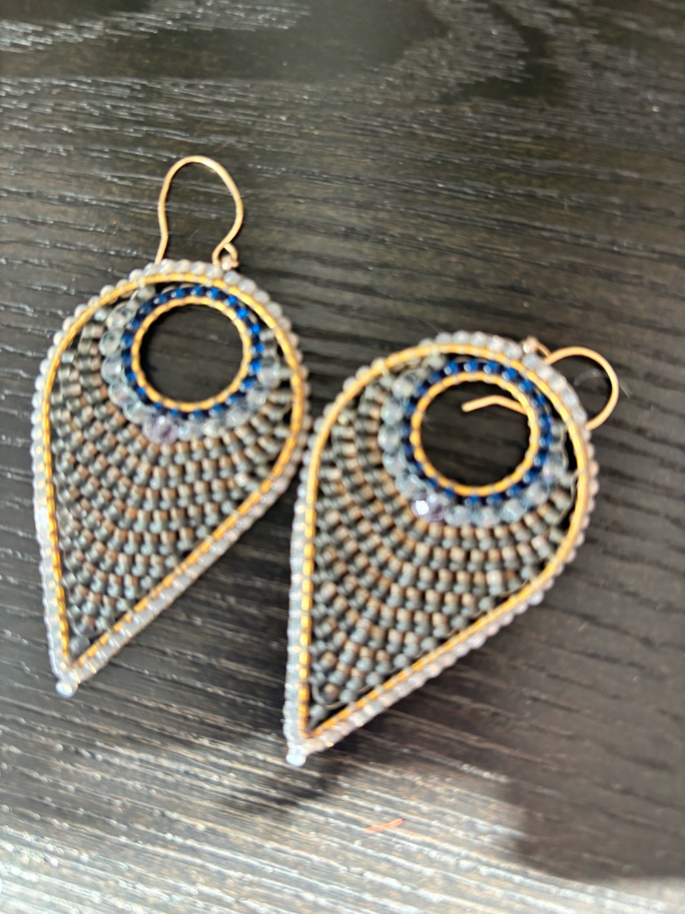 Miguel Ases Blue and Gold Teardrop Beaded Earrings
